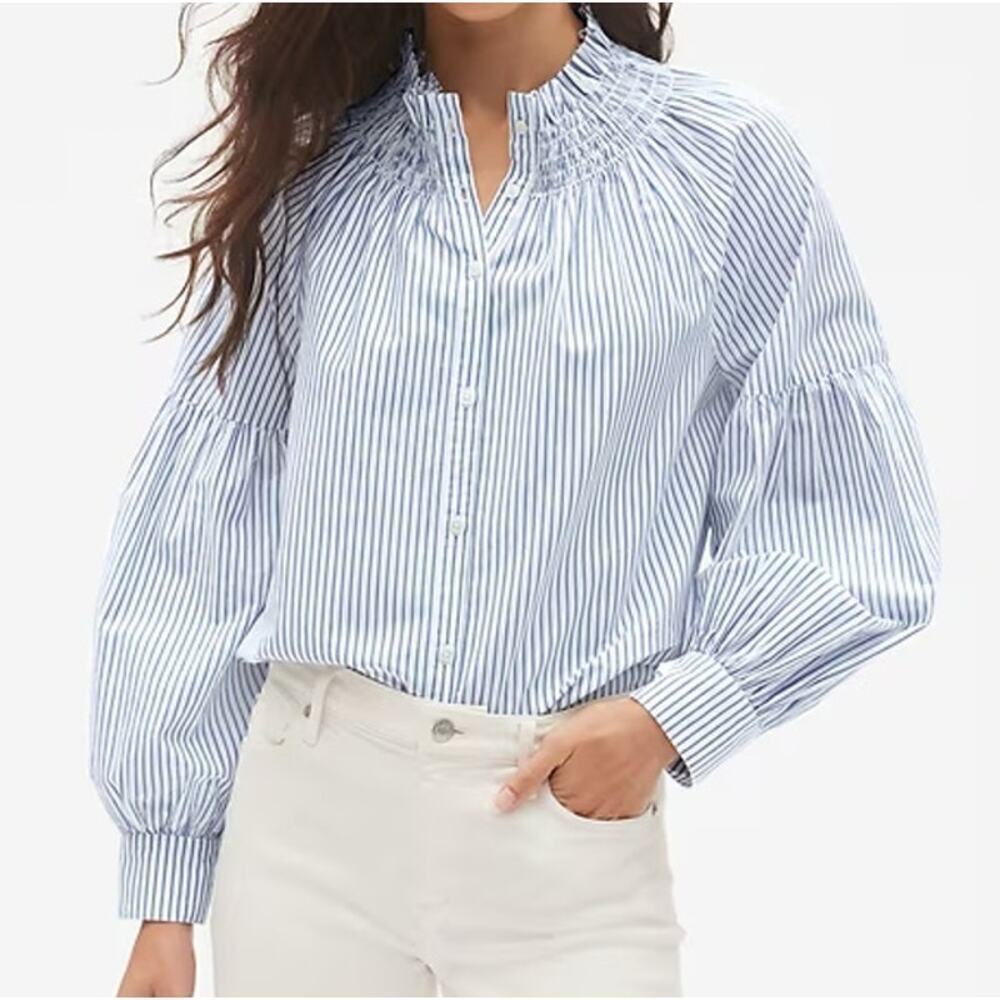 GAP Blue Stripe Smocked Neck Stripe Blouse in Poplin Long Sleeve Size S